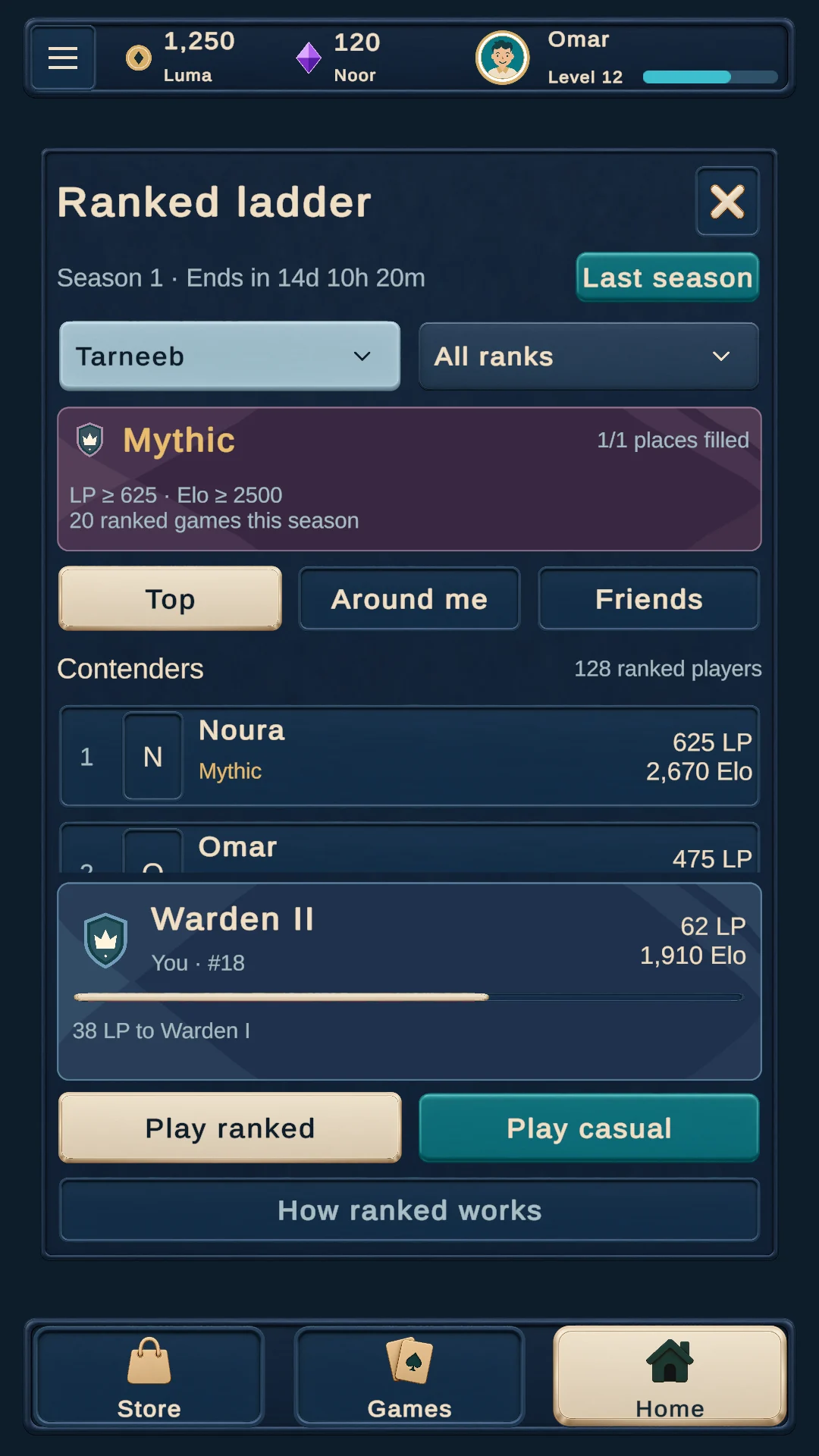Ranked play ladder showing tiers and seasonal progress
